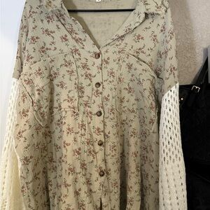 POL Floral Button-Down Shirt with Crochet Sleeves